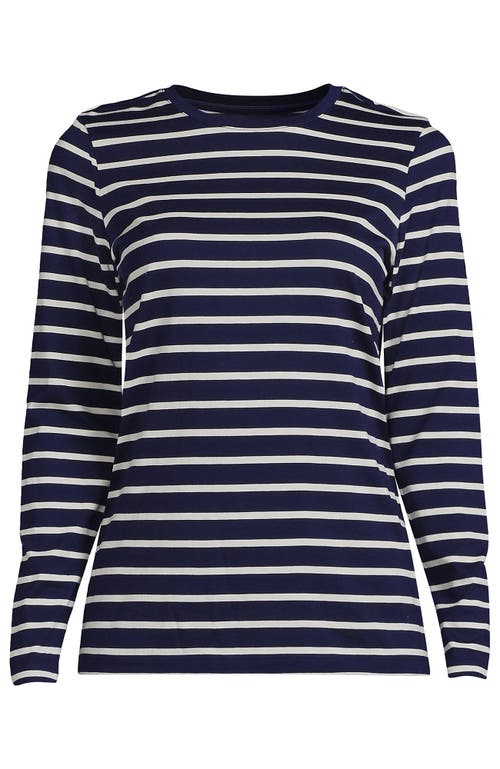 Lands' End Relaxed Supima Cotton Long Sleeve Crew Neck T-shirt In Deep Sea Navy Breton Stripe