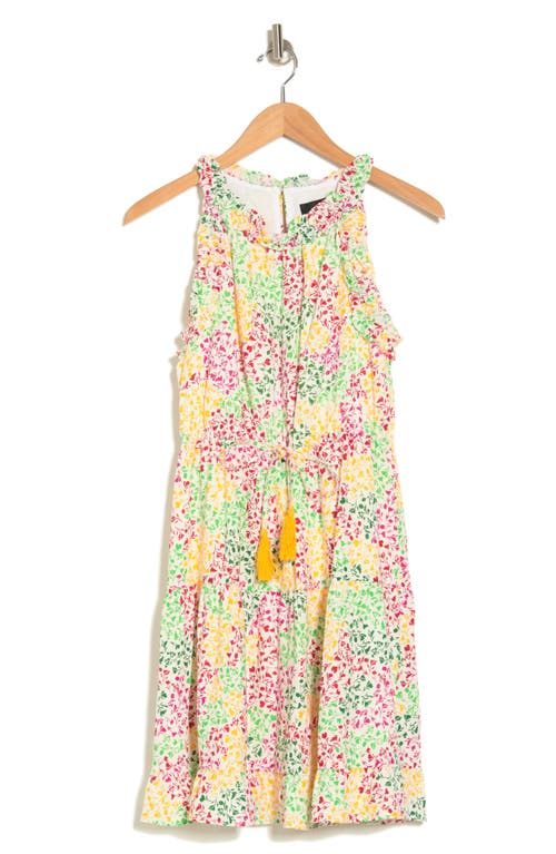 Shop Donna Morgan Floral Ruffle Sleeveless Linen Blend Minidress In Ivory/yellow/hot Pink