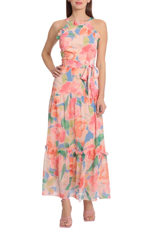 Maggy London Floral Print Tiered Apron Midi Dress in Sky Blue/Peach
