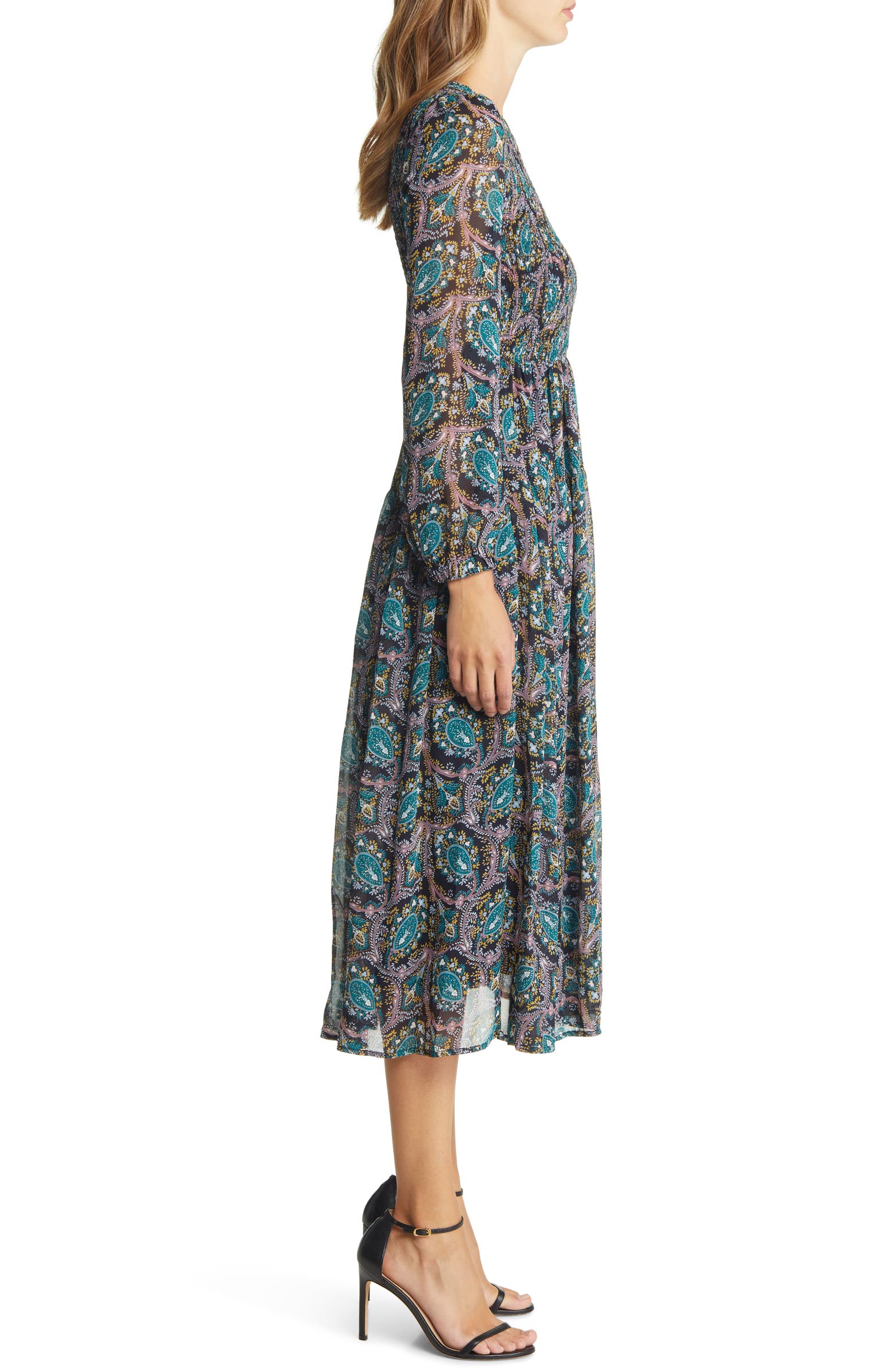 MELLODAY Paisley Smocked Long Sleeve Midi Dress | Nordstrom