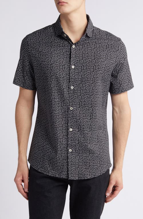 Wavy Mesh Short Sleeve Trim Fit Button-Up Shirt in Black
