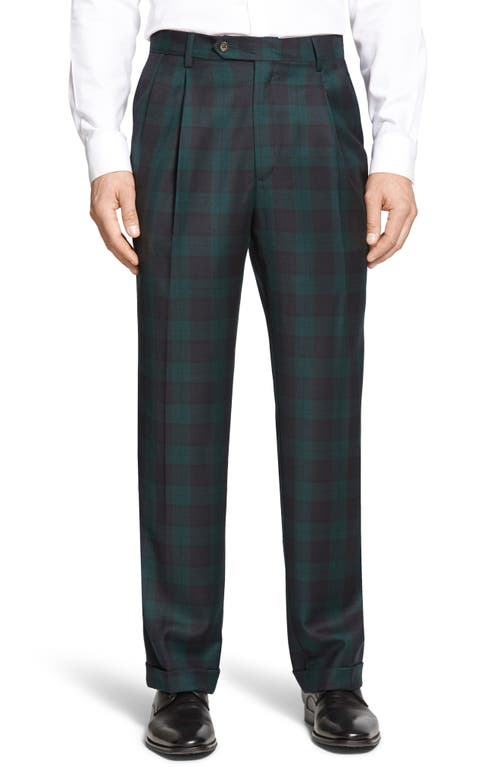 Touch Finish Pleated Classic Fit Plaid Wool Trousers in Green