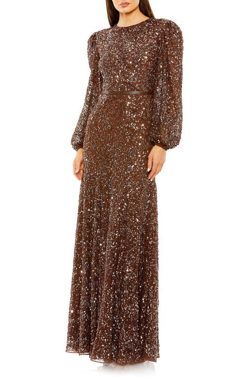 Shop Mac Duggal Sequin Balloon Sleeve Gown In Chocolate