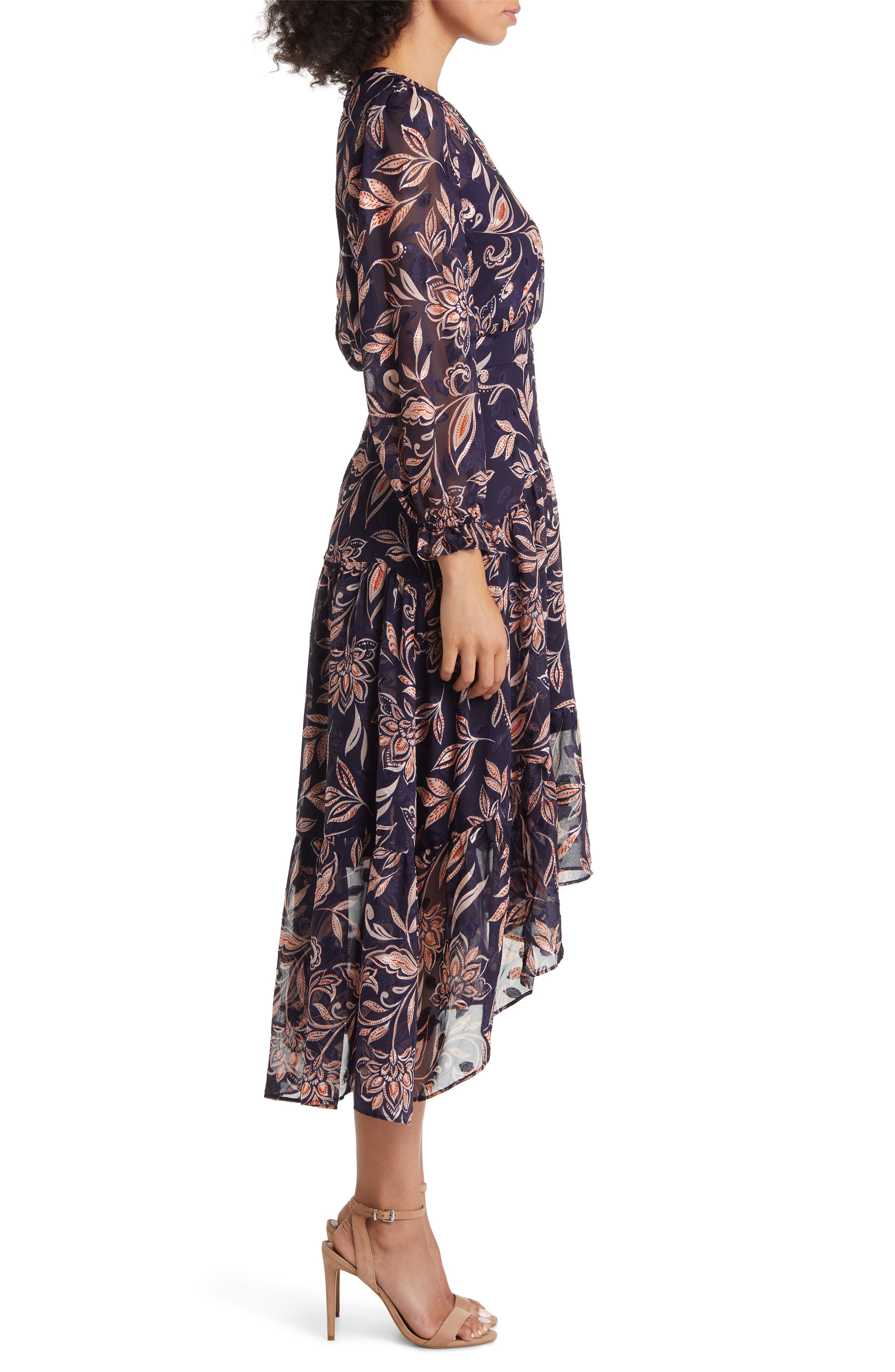 Eliza J Floral Long Sleeve Tiered Chiffon Dress in Navy | Smart Closet