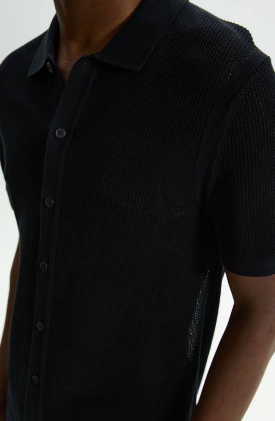 Shop Theory Cairn Short Sleeve Button-up Cotton Blend Sweater In Black