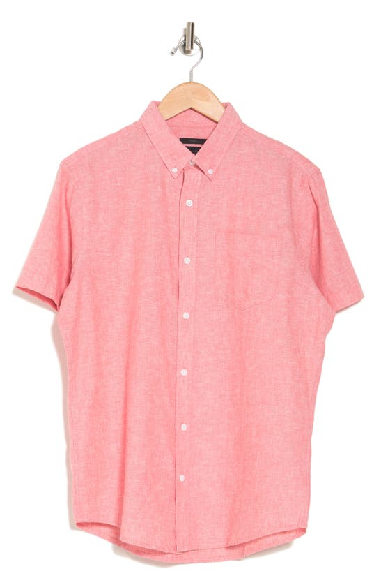 14th & Union Slim Fit Short Sleeve Linen Blend Button-down Shirt In Coral Faded- White