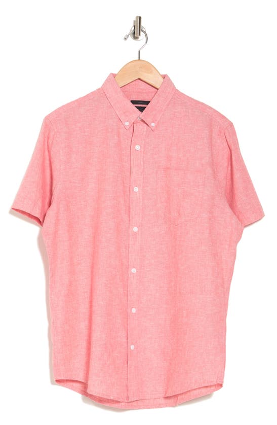 14th & Union Slim Fit Short Sleeve Linen Blend Button-down Shirt In Coral Faded- White