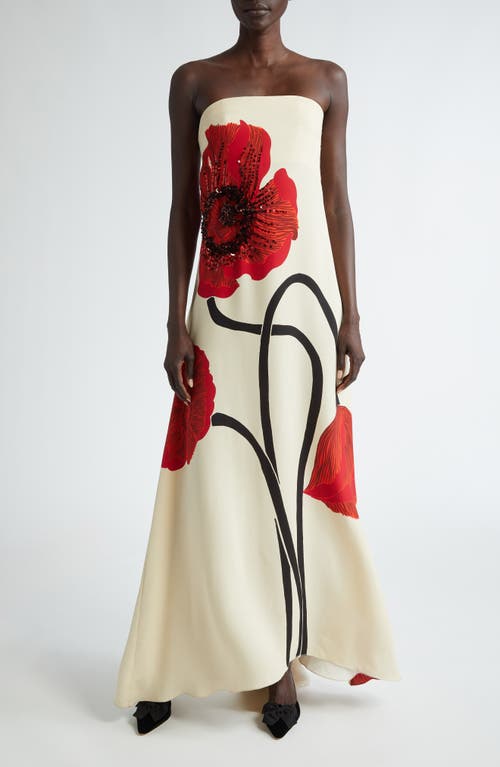 Shop Johanna Ortiz Red Petals Long Sleeve Silk Midi Dress In Papaver Somniferum/ecru