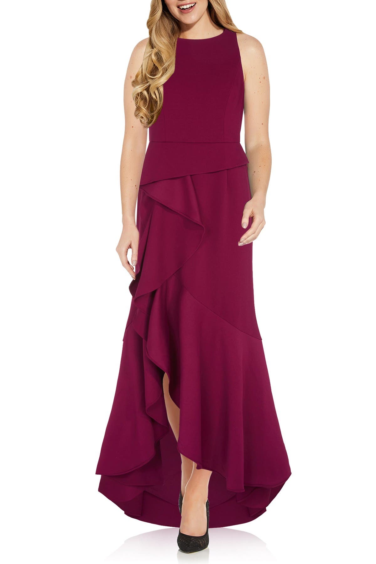 adrianna papell cascade ruffle evening dress