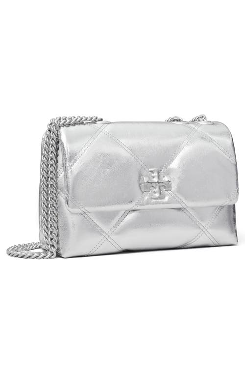 Tory Burch Kira Diamond Quilt Metallic Leather Small Convertible Shoulder Bag In Silver