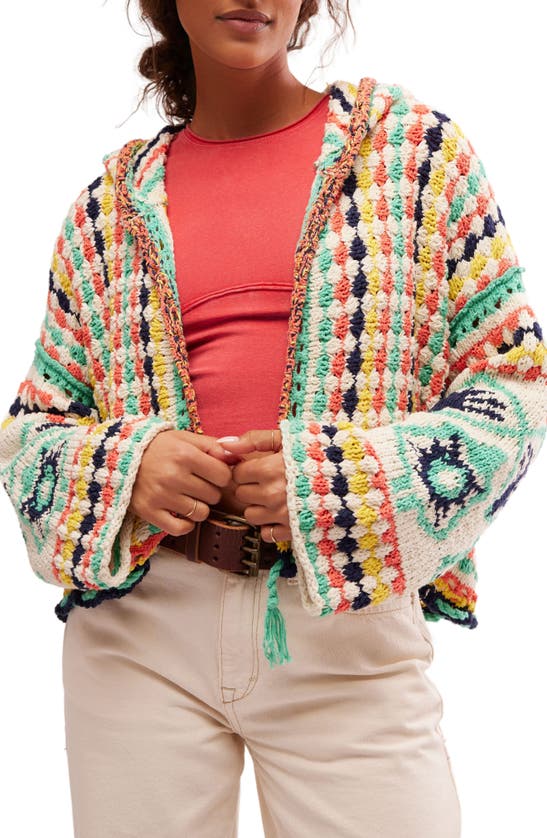 Free People Baja Baby Crochet Open Front Hooded Cardigan In Multi
