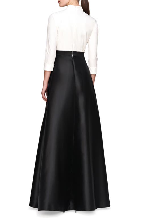 Kay Unger Sharon Tie Belt Three-quarter Sleeve Satin Maxi Jumpsuit In White Black