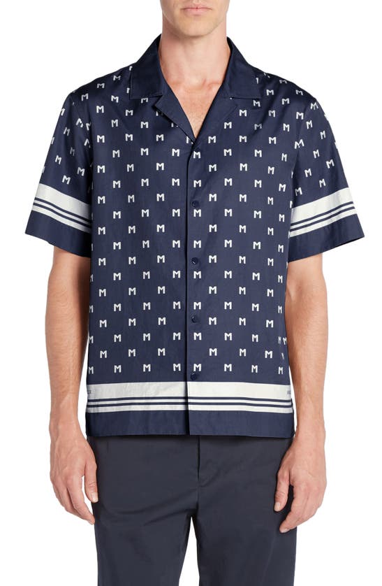 Shop Moncler Logo Short Sleeve Cotton Poplin Button-up Shirt In Navy