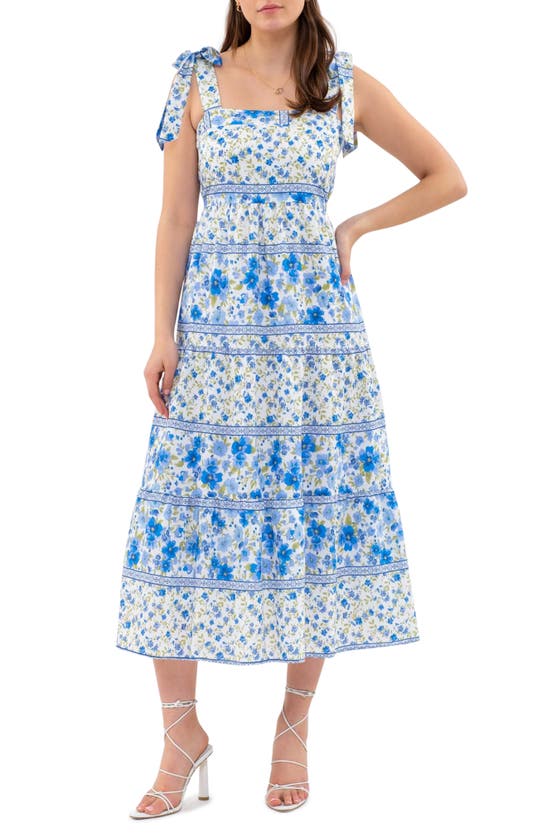 Women Blue Floral Belted Maxi Strappy Dress