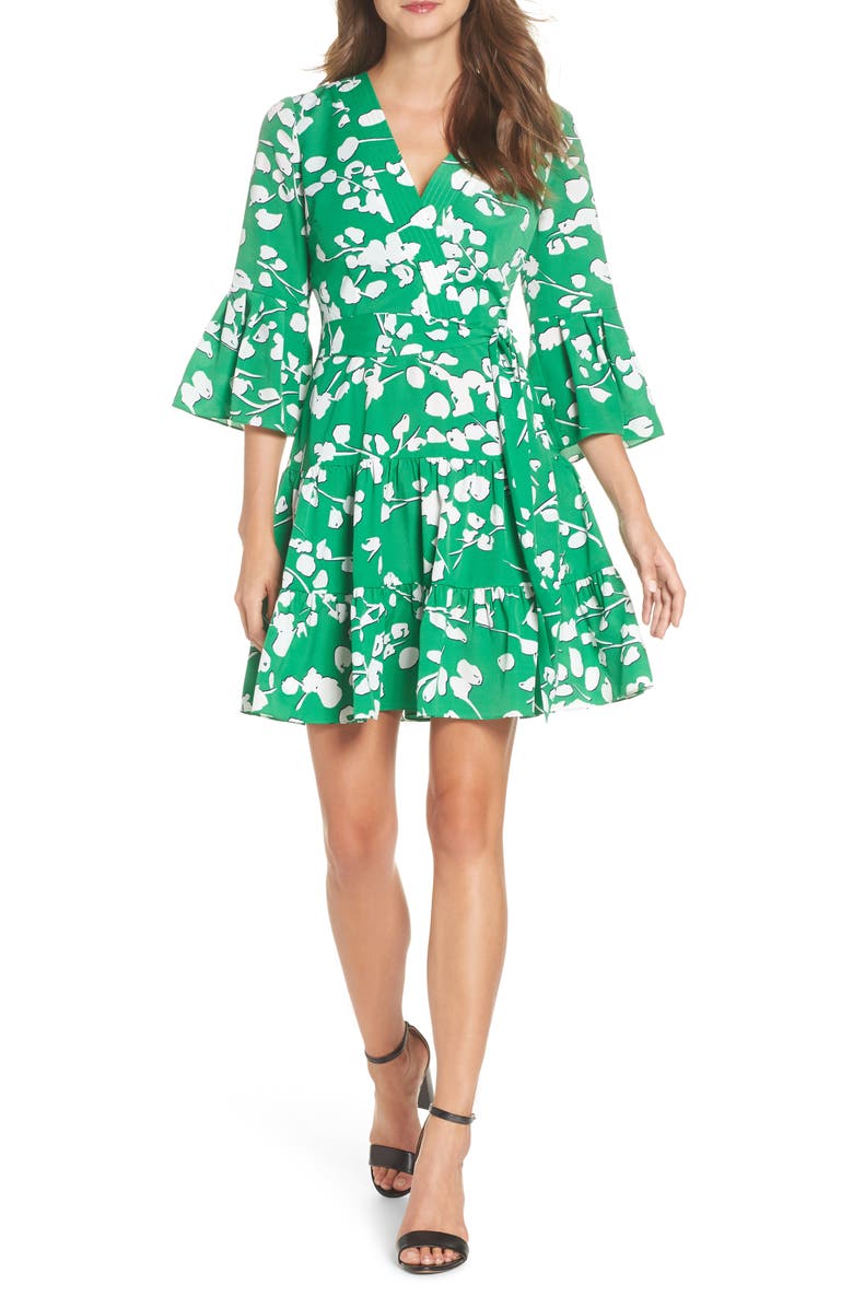 ELIZA J Bell Sleeve Faux Wrap Dress, Main, color, GREEN