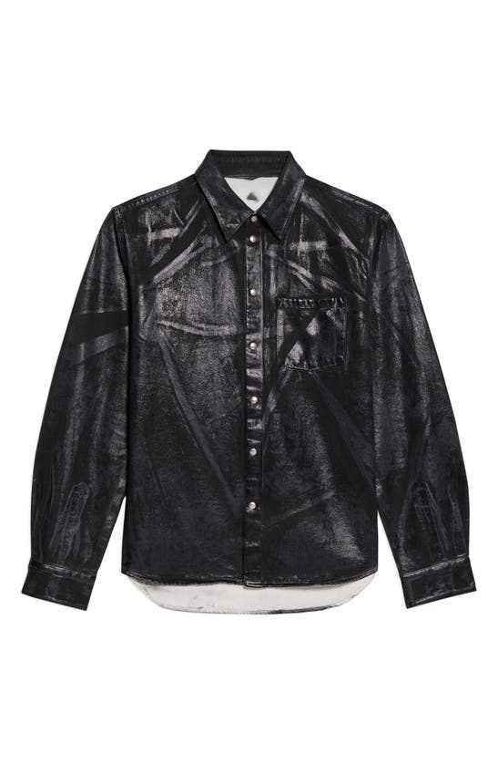 Shop Helmut Lang Foiled Cotton Denim Shirt Jacket In Black Distress Metal Crash