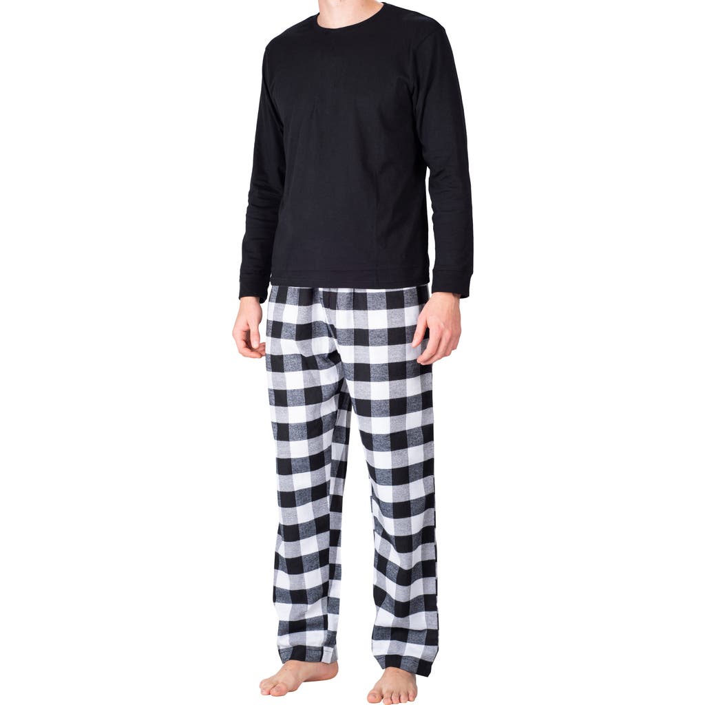 Sleephero Long Sleeve Pajama T-shirt & Buffalo Check Fleece Pajama Pants Set In Black With White Buffalo Check