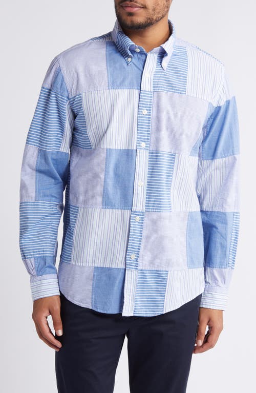 Brooks Brothers Regular Fit Stripe Patchwork Cotton Madras Button-Down Shirt Blue Stripes at Nordstrom,