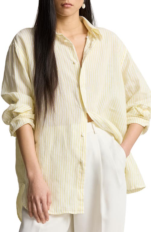 Shop Polo Ralph Lauren Oversize Stripe Linen Button-down Shirt In Coastal Yellow/white