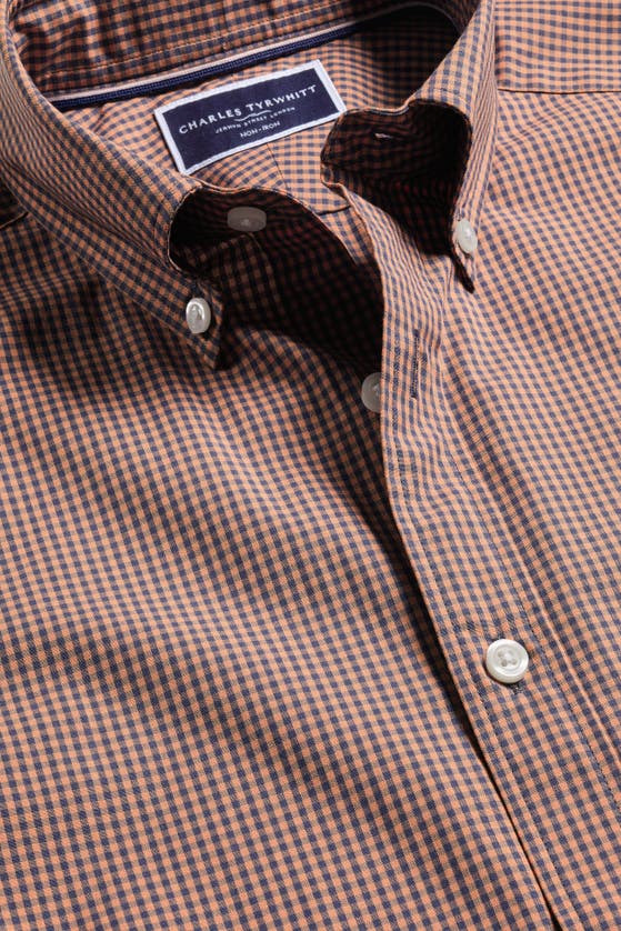 Shop Charles Tyrwhitt Slim Fit Light Button-down Collar Non-iron Stretch Poplin Mini Gingham Short Sleeve Shirt In Light Coral Pink