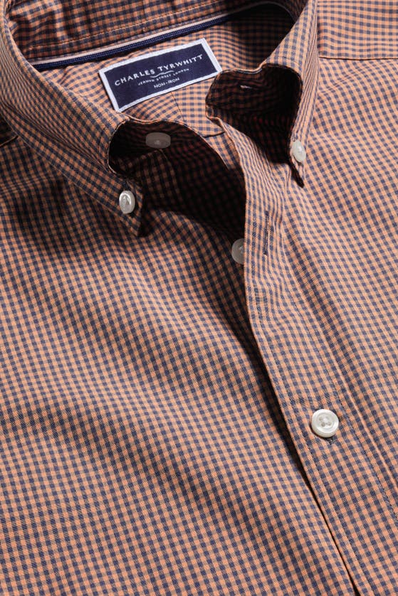Charles Tyrwhitt Slim Fit Light Button-down Collar Non-iron Stretch Poplin Mini Gingham Short Sleeve Shirt In Light Coral Pink