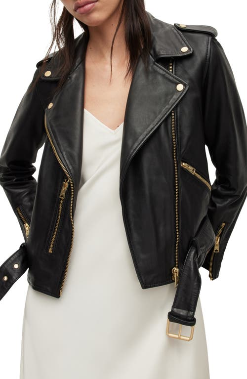 AllSaints Balfern Sheepskin Leather Biker Jacket Black/Gold at Nordstrom,