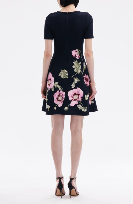 Shop Oscar De La Renta Poppies Jacquard Sleeveless Fit & Flare Dress In Navy/ Pink