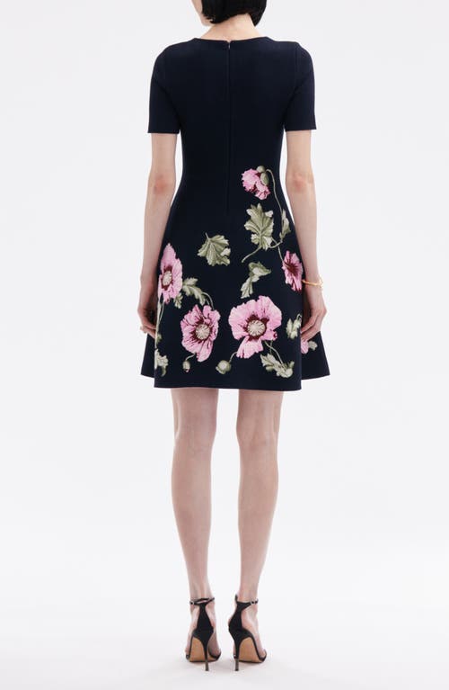 Shop Oscar De La Renta Poppies Jacquard Sleeveless Fit & Flare Dress In Navy/pink