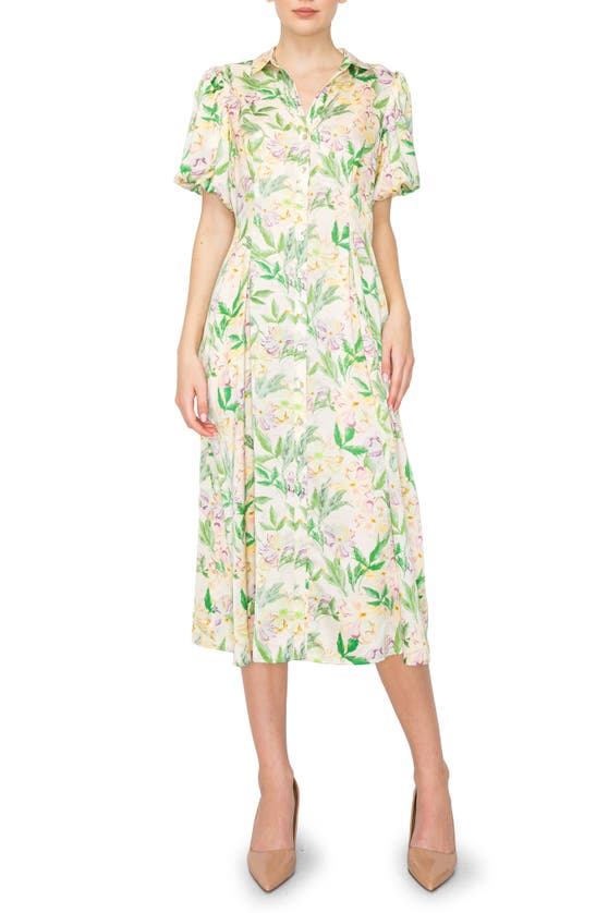 Melloday Puff Sleeve Satin Shirtdress In Ivory Floral