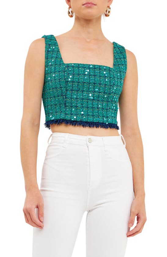 Endless Rose Premium Fringe Tweed Crop Tank In Green/ Navy