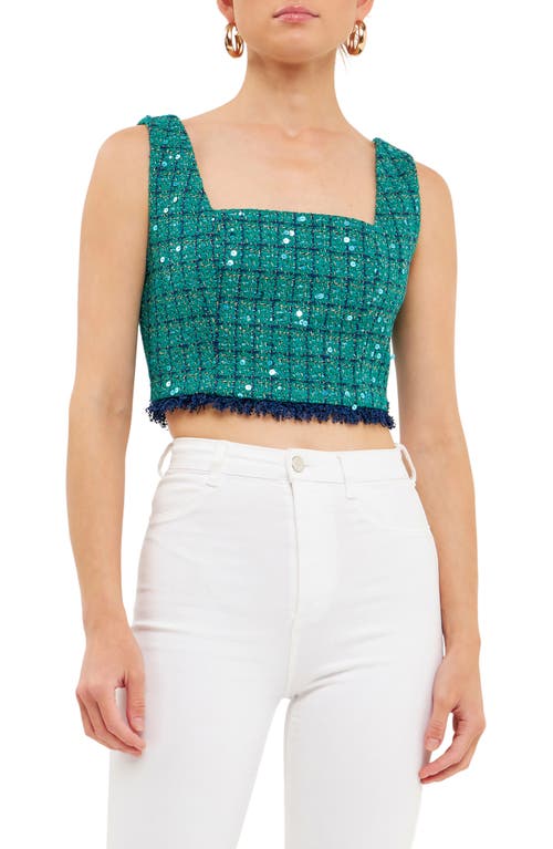 Shop Endless Rose Premium Fringe Tweed Crop Tank In Green/navy