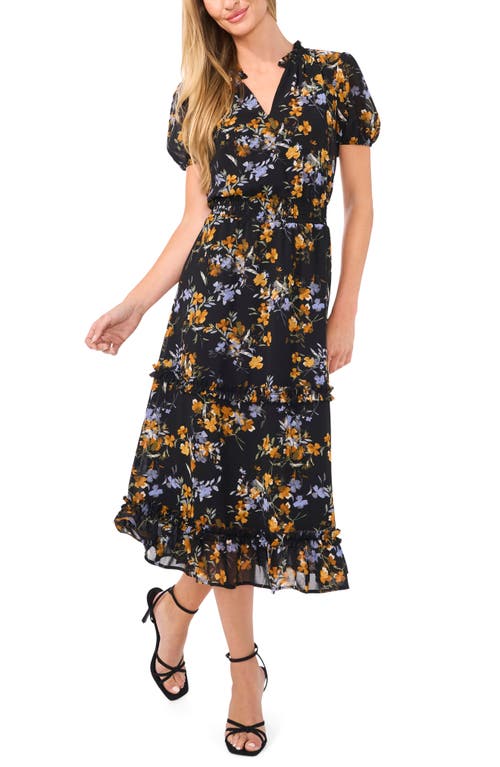 Shop Cece Floral Ruffle Smocked Midi Dress In Rich Black