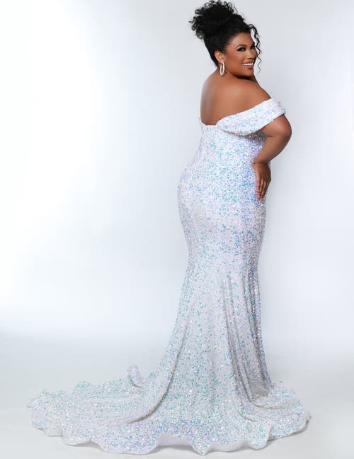 Johnathan Kayne For Sydneys Closet Off The Shoulder Plus Size Sequin Velvet Fitted Formal Gown In Unicorn