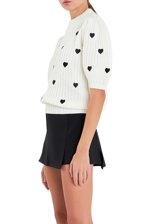 Shop English Factory Heart Embroidered Puff Sleeve Sweater In White/black