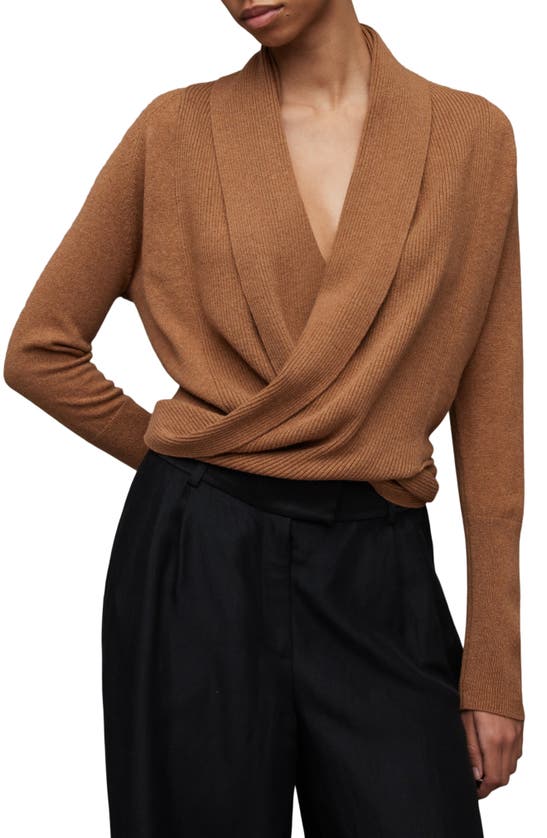 Allsaints Pirate Drape Open Front Cashmere & Wool Cardigan In Camel Brown