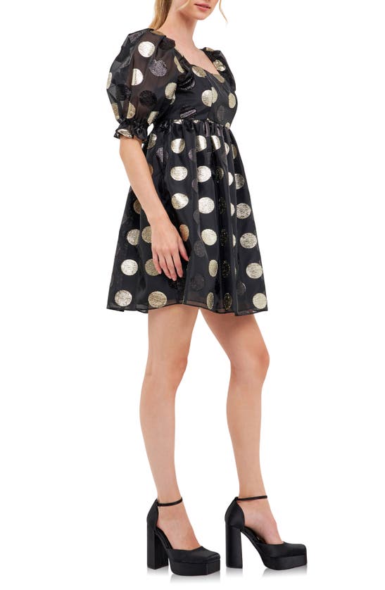 Shop English Factory Metallic Dot Puff Sleeve Organza Minidress In Black