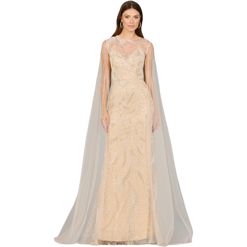 Lara New York Long Cape Beaded Gown In Champagneivory