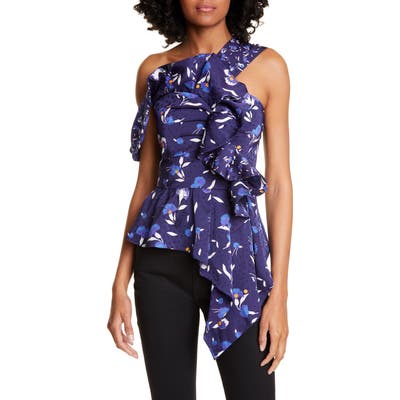 Self-Portrait Floral Asymmetrical Ruffle Peplum Top, Blue