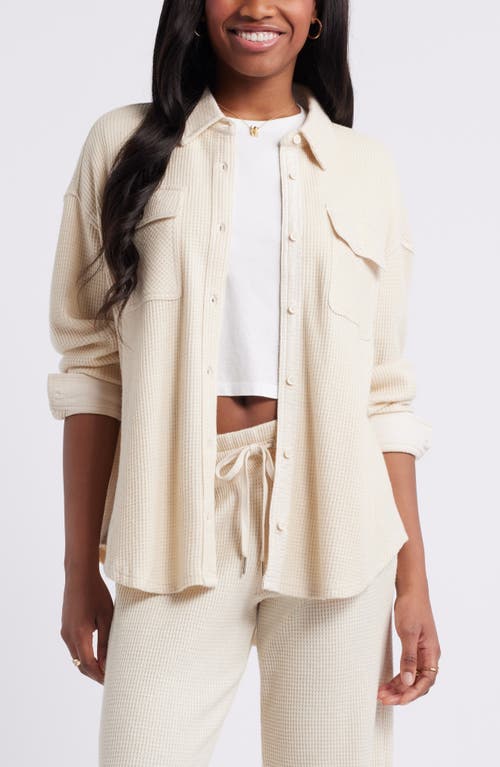 BP. Oversize Thermal Knit Button-Up Shirt in Beige Oatmeal Light Heather 