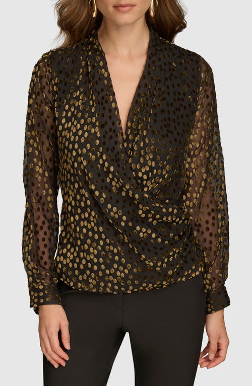 Donna Karan New York Burnout Velvet Dot Wrap Front Top in Black/Gold 