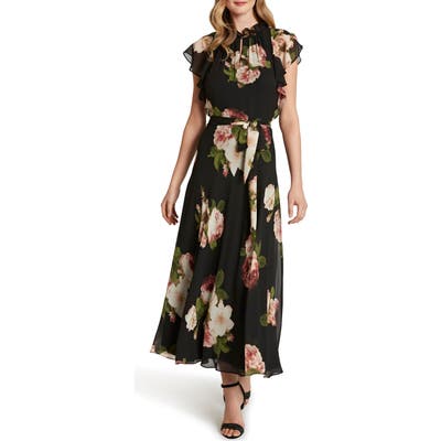 Tahari Ruffle Sleeve Printed Chiffon Maxi Dress, Black
