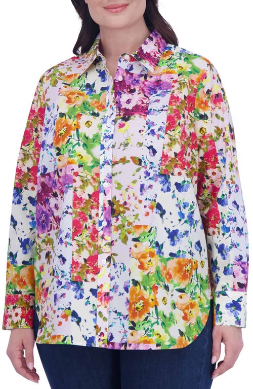 Foxcroft Meghan Floral Patchwork Button-Up Shirt White Multi at Nordstrom,