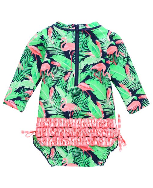 Rufflebutts Toddler Girls Long Sleeve Upf50+ One Piece Rash Guard In Flamingo Frenzy