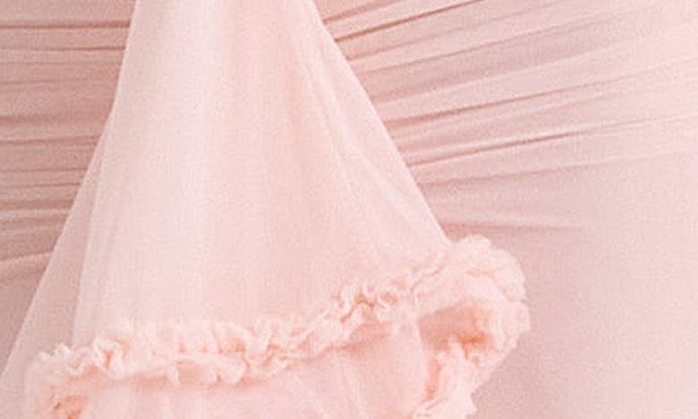 House Of Cb Gabriella Keyhole & Ruffle Mesh Body-con Gown In Soft Peach