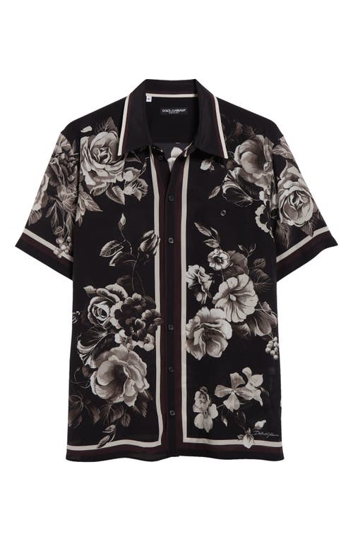 Shop Dolce & Gabbana Dolce&gabbana Floral Short Sleeve Silk Button-up Shirt In Hn5dy Fiori Grigi Fdo Nero