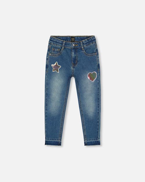 Shop Deux Par Deux Girl's Jeans With Embroidery Patch Blue Denim In Navy Denim