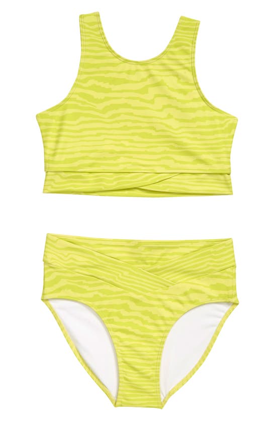Zella Girl Kids' Print Crossover Two-piece Swimsuit In Lemon Lime Radio Stripe
