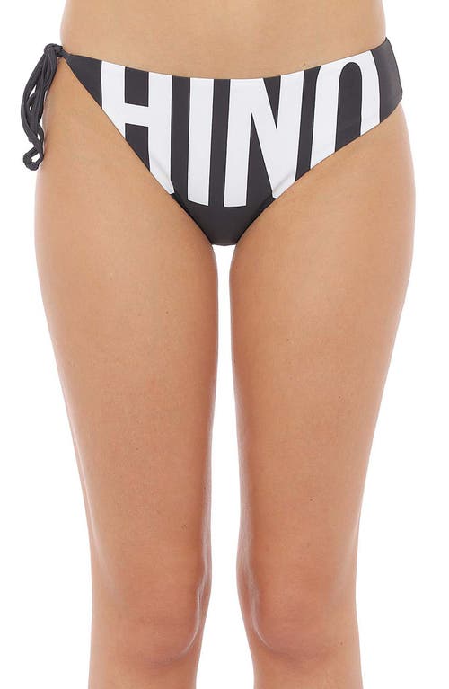 Moschino Logo Asymmetric Side Tie Bikini Bottoms in White Black