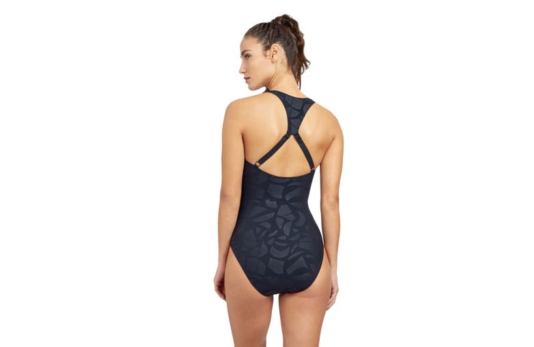 Free Sport By Gottex Geo Club Round Neck One Piece Swimsuit With Zipper In Black