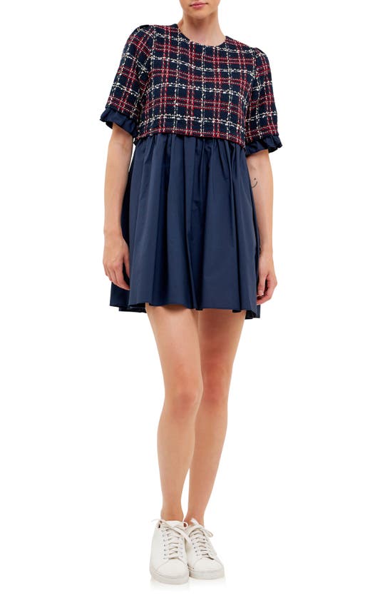 English Factory Pleated Tweed & Poplin Minidress In Navy